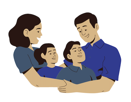 Family of four hugging.