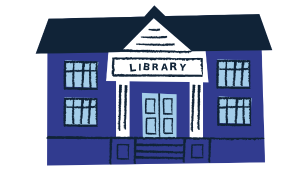 Blue 1900s style building with a sign out front saying "Library"